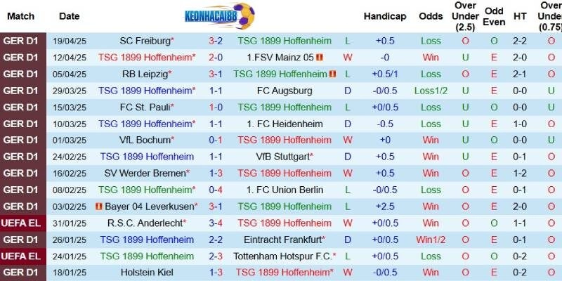 Kết quả gần đây của Hoffenheim