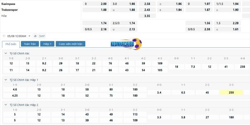 Tỉ lệ kèo trận Kasimpasa vs Trabzonspor