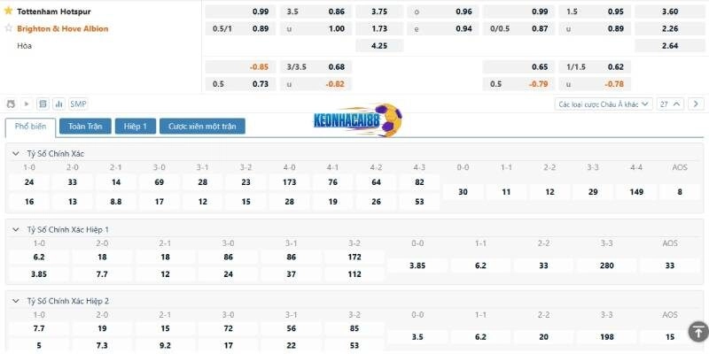 Tỷ lệ kèo trận Tottenham vs Brighton